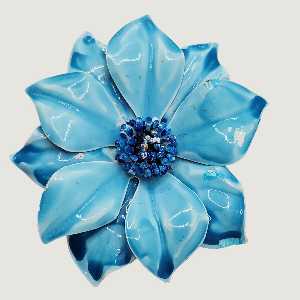 Vintage Blue Enamel Flower Brooch Mod Pop Art 60s Retro Large 3.5 Inch Pin